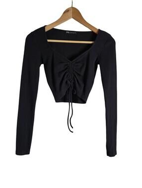 Zara Black Ruched Rib Crop Long Sleeve Top Size Small
